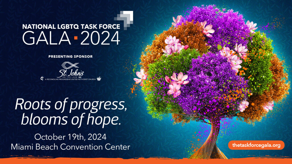 A tree with multicolored leaves and large pink flowers glows on a dark blue background. The graphic reads the theme, date, and location with logos for the Task Force Gala and the presenting sponsor, St. Johns on the Lake.