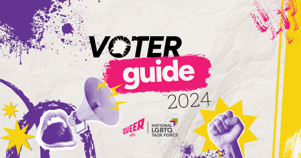 A graphic with the text Voter Guide with cutouts of a megaphone and a fist accented by paint splatters on a wrinkled paper background.